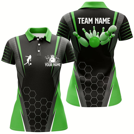 Goofygear Black Women'S Polo Bowling Shirt Custom Name Ladies Bowlers Jersey, Team Bowling Outfits Green