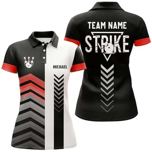 Goofygear Black And White Women Bowling Polo Shirts Custom Retro Bowling Ball Pins Team League Jerseys Red