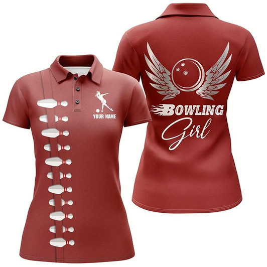 Goofygear Personalized Women Polo Bowling Shirt, Bowling Girl Beautiful Wings Bowlers Jersey
