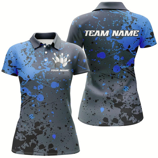 Goofygear Custom Blue Splatter Bowling Polo Shirts For Women, Custom Bowling Uniforms Bowling Jerseys