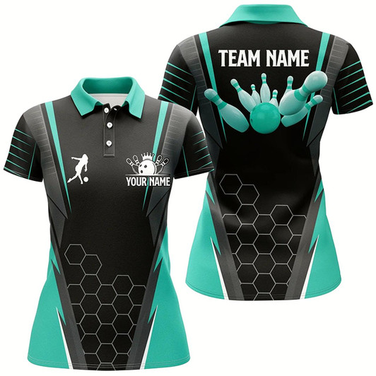 Goofygear Black Women'S Polo Bowling Shirt Custom Name Ladies Bowlers Jersey, Team Bowling Outfits Turquoise