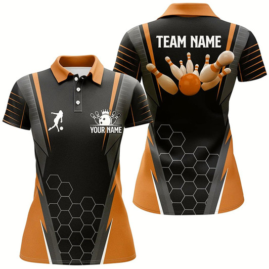 Goofygear Black Women'S Polo Bowling Shirt Custom Name Ladies Bowlers Jersey, Team Bowling Outfits Orange
