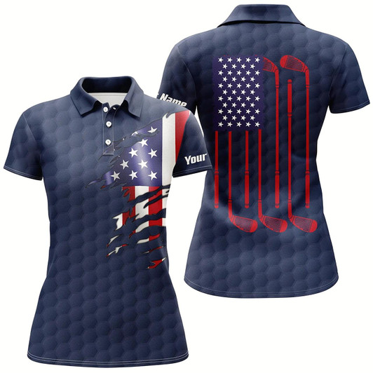 Goofygear Womens Golf Polo Shirt Navy Golf Ball American Flag Patriotic Golf Clubs Custom Name Golfing Gifts