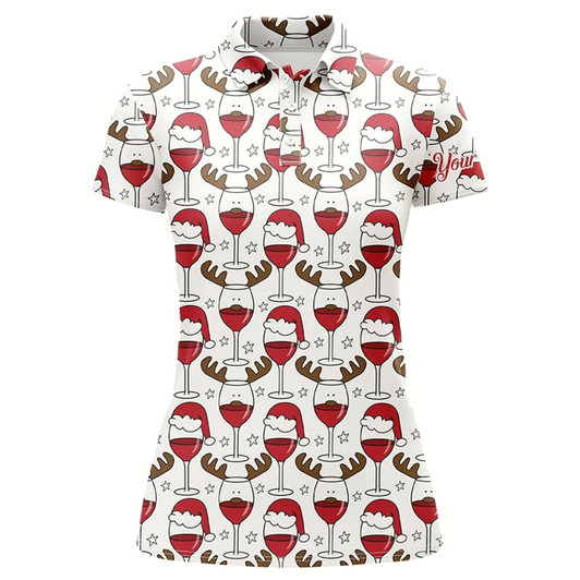 Goofygear Womens Golf Polo Shirt Custom Christmas Wine Glass In Reindeer Antler Santa Hat, Gift For Golf Lovers