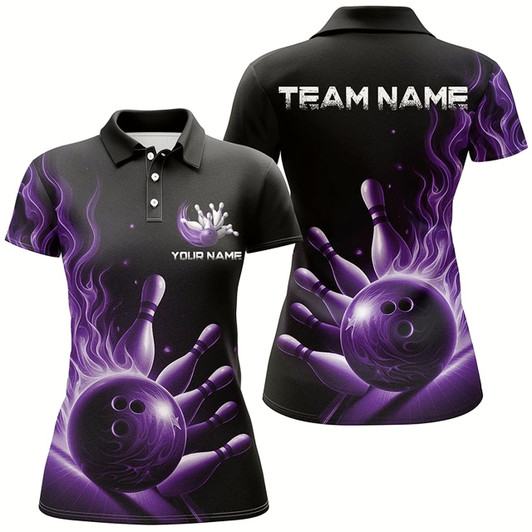 Goofygear Personalized Purple Flame Bowling Polo Shirts For Women Bowling Team Jerseys Strike Bowling