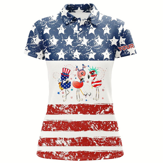 Goofygear Funny American Flag 4Th July Flamingo Women Golf Polo Shirts Custom Patriotic White Ladies Golf Tops