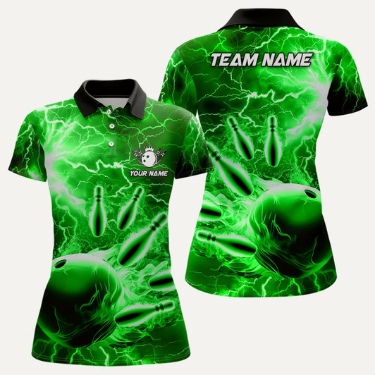 Goofygear Womens Polo Bowling Shirts Custom Green Lightning Thunder Bowling Team Jersey, Gift For Team Bowlers