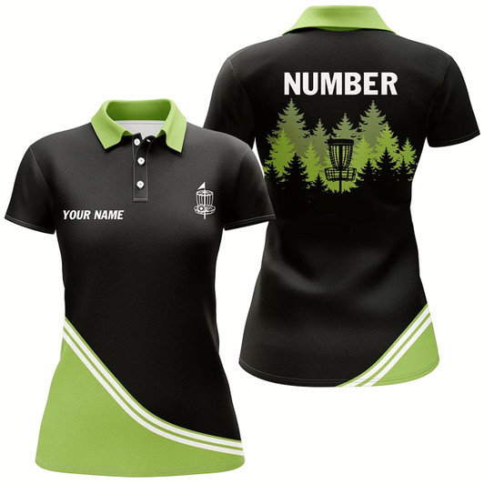 Goofygear Black And Green Disc Golf Basket In The Forest Custom Womens Disc Golf Polo Shirt, Disc Golf Jersey