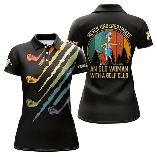 Goofygear Funny Vintage Black Custom Women'S Golf Polo Shirts Never Underestimate An Old Woman With A Golf Club