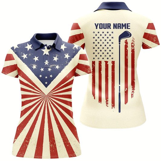 Goofygear Vintage American Flag Patriotic Womens Golf Polo Shirt Custom Golf Tops For Ladies Patriotic Golf Gift