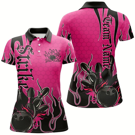 Goofygear Black And Pink Custom Tribal Flame Bowling Shirts For Women, Bowling Team Shirt Bowler