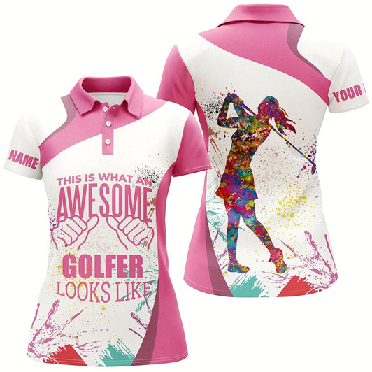 Goofygear Funny Pink White Womens Golf Polo Shirt Custom This Is What An Awesome Golfer Looks Like Golf Gifts