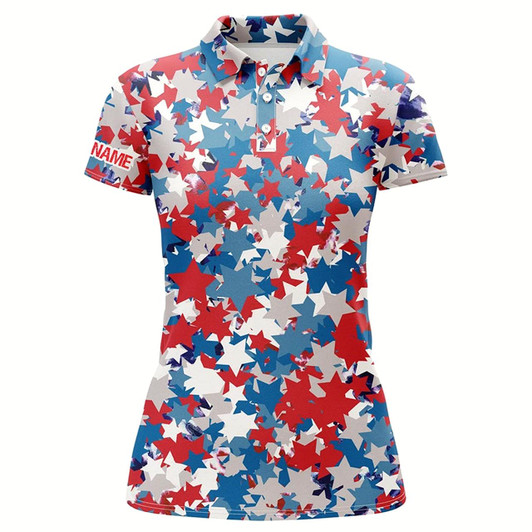 Goofygear Red, White And Blue 4Th Of July Star Womens Golf Polo Shirts Custom Patriotic Team Golf Shirts Ladies