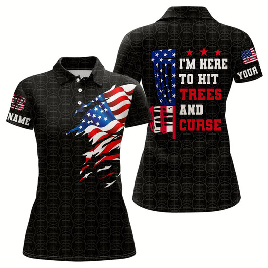 Goofygear American Flag Women Disc Golf Polo Shirts Custom Black Disc Golf Pattern I'M Here To Hit Trees & Curse