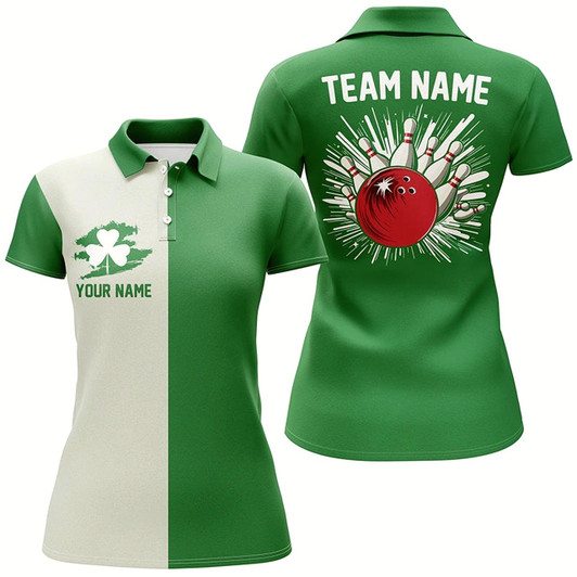 Goofygear Green Lucky Clover Retro Womens Bowling Polo Shirts Custom St Patrick Day Team Bowling Jerseys