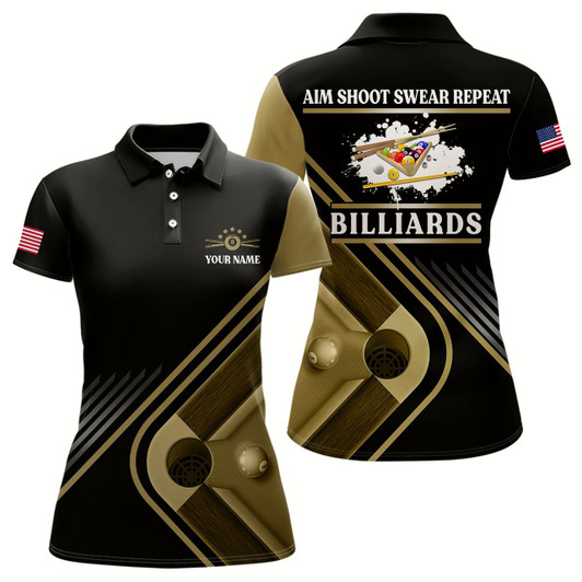 Goofygear Billiards Aim Shoot Swear Repeat Custom Billiard Polo Shirts For Women, Custom Us Flag Pool Shirts