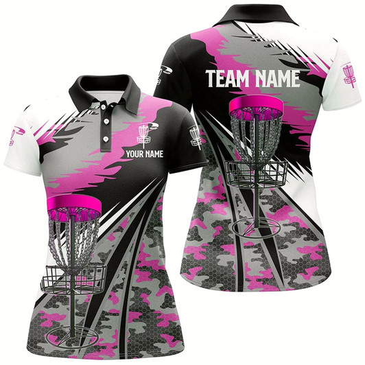 Goofygear Women Disc Golf Polo Shirts Custom Pink Camo Disc Golf Basket Disc Golf Outfit, Team Disc Golf Apparel