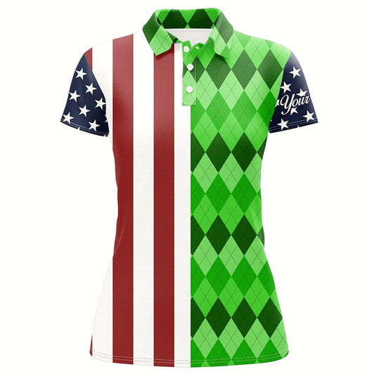 Goofygear Womens Golf Polo Shirts American Flag Patriotic Custom Green Argyle Pattern Golf Top For Ladies