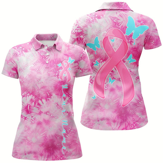 Goofygear Pink Tie Dye Pink Ribbon And Butterfly Custom Breast Cancer Awareness Polo Shirts For Women
