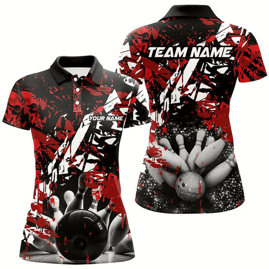 Goofygear Black And Red Camo Bowling Ball And Pins Custom Womens Bowling Polo Shirts, Team Bowling Jerseys
