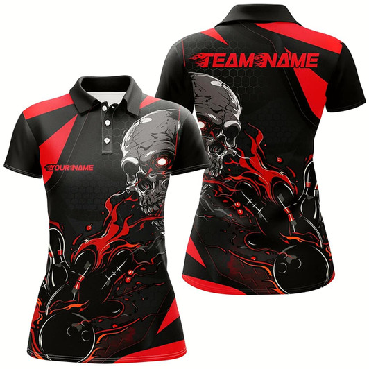 Goofygear Custom Black And Red Flame Bowling Shirts For Women, Halloween Skull Bowling Shirts Outfits