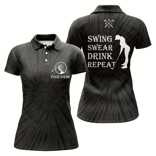 Goofygear Funny Womens Golf Polos Shirts Custom Name Swing Swear Drink Repeat Black Tie Dye Pattern Golf Shirts