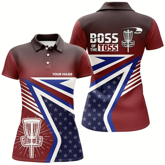 Goofygear Boss Of The Toss American Flag Disc Golf Polos Custom Name Patriotic Golf Shirts For Women