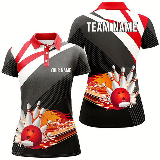 Goofygear Black And Red Women'S Polo Bowling Shirt Custom Flame Bowling Ball Fire Team Ladies Bowlers Jerseys