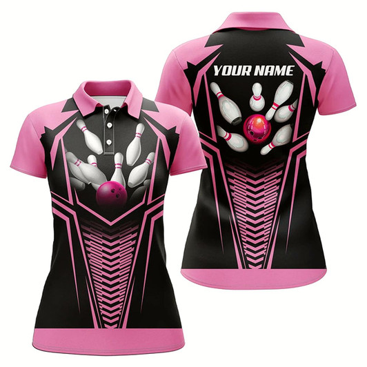 Goofygear Custom Flame Bowling Ball & Pins Polos Shirts For Women, Personalized Bowling Team Jerseys Pink
