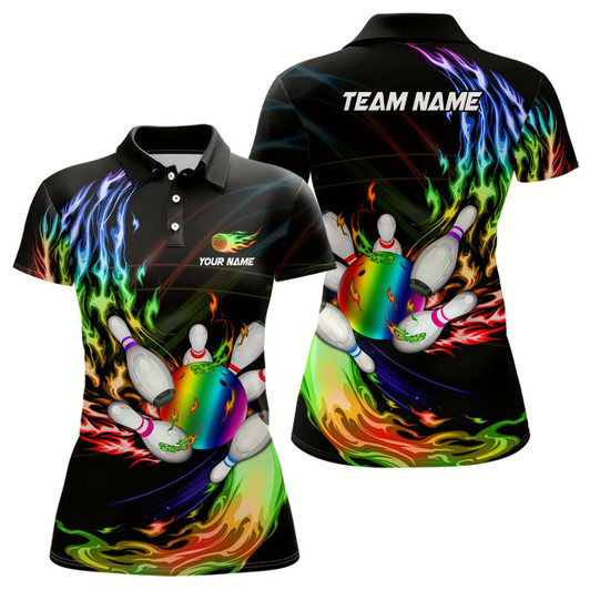 Goofygear Womens Bowling Polo Shirts Custom Rainbow Flame Bowling Ball And Pins Team League Bowler Jersey