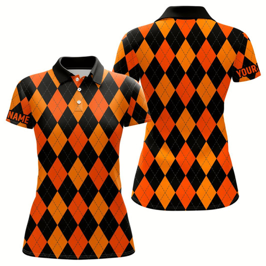 Goofygear Womens Golf Polo Shirts Custom Orange, Black Argyle Plaid Halloween Pattern Golf Attire For Ladies