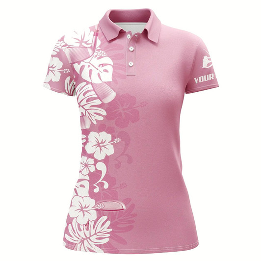Goofygear Pink Womens Golf Polo Shirts Custom White Tropical Leaf Tournament Golf Tops For Ladies, Golfing Gifts