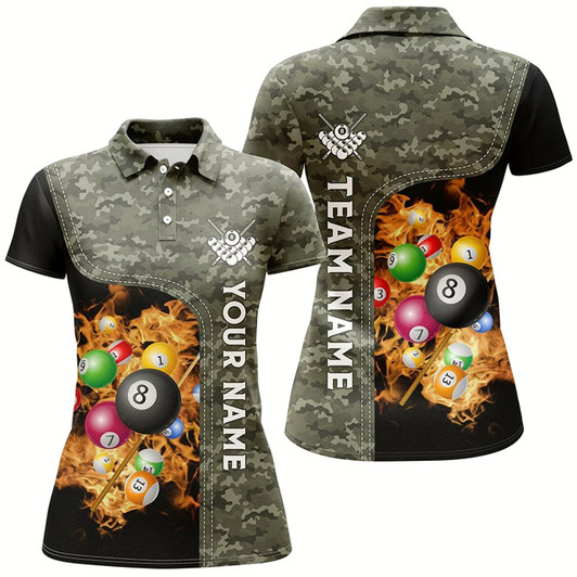 Goofygear Personalized Fire Pool Balls Billiard Polo Shirts For Women, Custom 3D Billiard Camouflage Jerseys