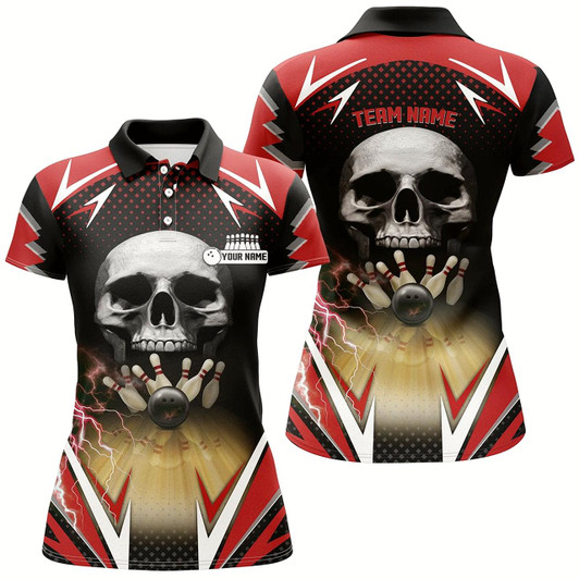 Goofygear Red And Black Bowling Skull Polo Shirts For Womens Custom Bowling Ball Pins Team League Jerseys