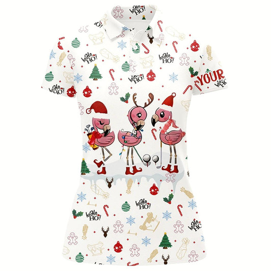 Goofygear Funny Christmas Golf Shirts Custom White Women Golf Polos Flamingo Golf Friend Christmas Gifts
