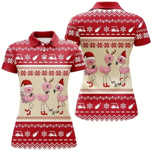 Goofygear Funny Ugly Christmas Golf Shirts Custom Red Women Golf Polos Flamingo Golf Friend Christmas Gifts
