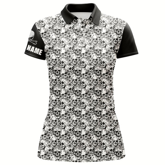 Goofygear Black And White Womens Golf Polos Shirts Custom Name Skull Pattern Women'S Golf Outfit