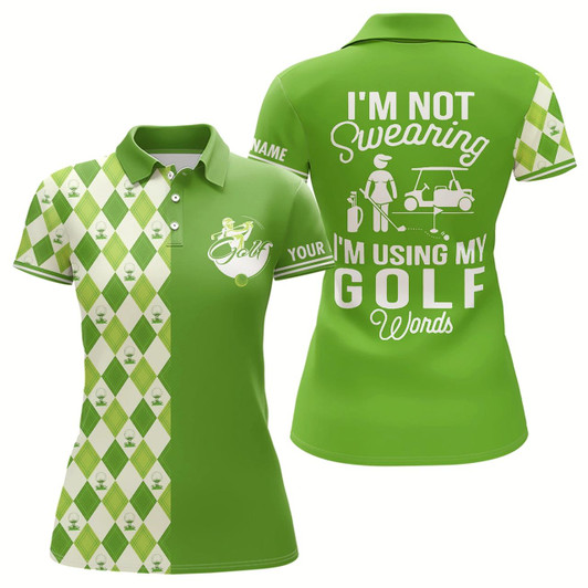 Goofygear Green Argyle Plaid Pattern Womens Golf Polo Shirts Custom I'M Not Swearing, I'M Using My Golf Words
