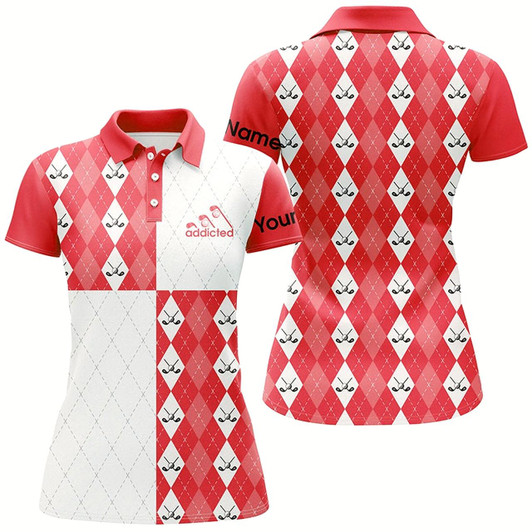 Goofygear Golf Addicted Womens Golf Polo Shirts Custom Name Red And White Golf Ball Clubs Argyle Plaid Pattern