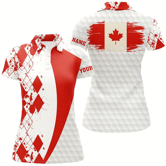 Goofygear Womens Golf Polos Shirts Custom Canadian Flag Red Argyle Pattern White Golf Ball Womens Tops