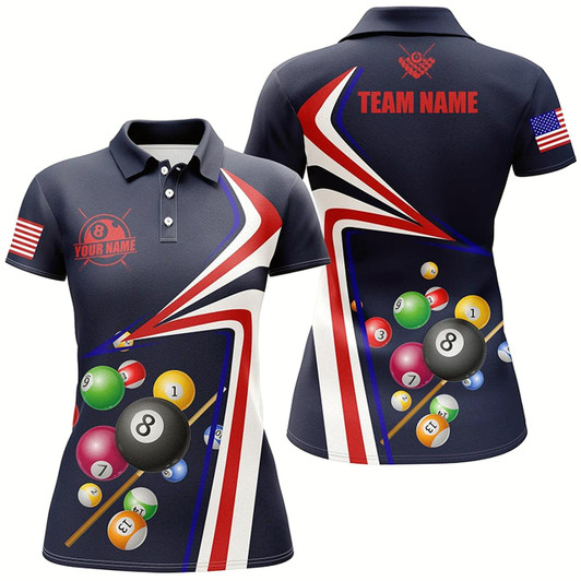 Goofygear Personalized Us Flag Billiard Balls 3D Polo Shirts For Women, Custom 8 Ball Billiards Jerseys
