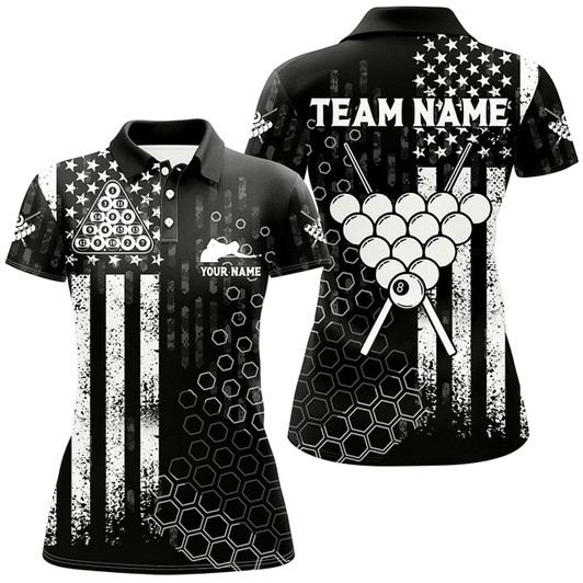 Goofygear Personalized Us Flag Bw Pattern Billiard Black White Polo Shirts For Women, Custom Billiards Jerseys