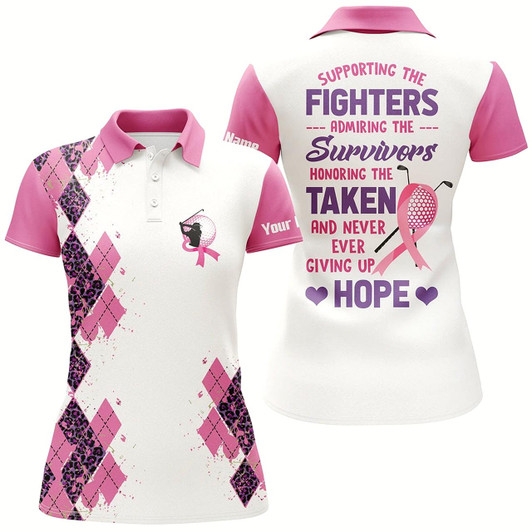 Goofygear Pink Leopard Argyle White Womens Golf Polo Shirts Custom Golf Breast Cancer Awareness Ladies Golf Tops