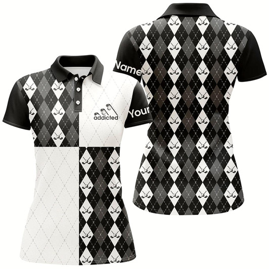Goofygear Golf Addicted Womens Golf Polo Shirts Custom Name Black And White Golf Ball Clubs Argyle Plaid Pattern