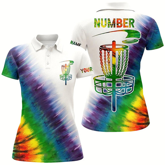 Goofygear Womens Disc Golf Polo Shirts With Colorful Rainbow Tie Die Disc Golf Basket Custom Disc Golf Apparel