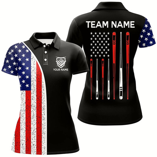 Goofygear Personalized American Flag Sticks Billiard Polo Shirts For Women, Custom 8 Ball Billiard Team Shirts