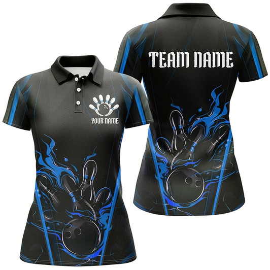 Goofygear Black And Blue Flame Custom Bowling Shirts For Women, Bowling League Shirt Team Jerseys