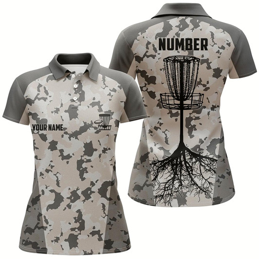 Goofygear Disc Golfing Grey Camo Womens Disc Golf Polo Shirts Custom Team Disc Golf Attire, Disc Golf Jerseys
