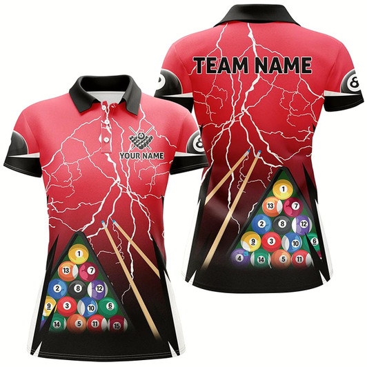 Goofygear Personalized Thunder Billiards 3D Red Polo Shirts For Women, Custom 8 Ball Pool Billiards Jerseys