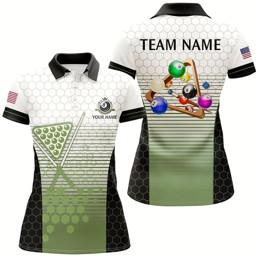 Goofygear Personalized 8 Ball Pool Us Flag Billiard Green Polo Shirts For Women, Custom Billiard Balls Jerseys